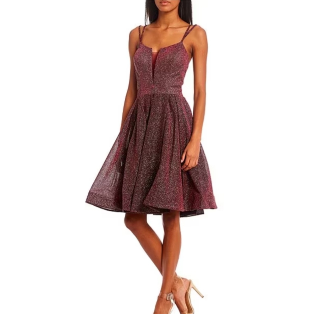 Glamour by Terani Couture Double Strap Fit-And-Flare Low Back Glitter Dr…